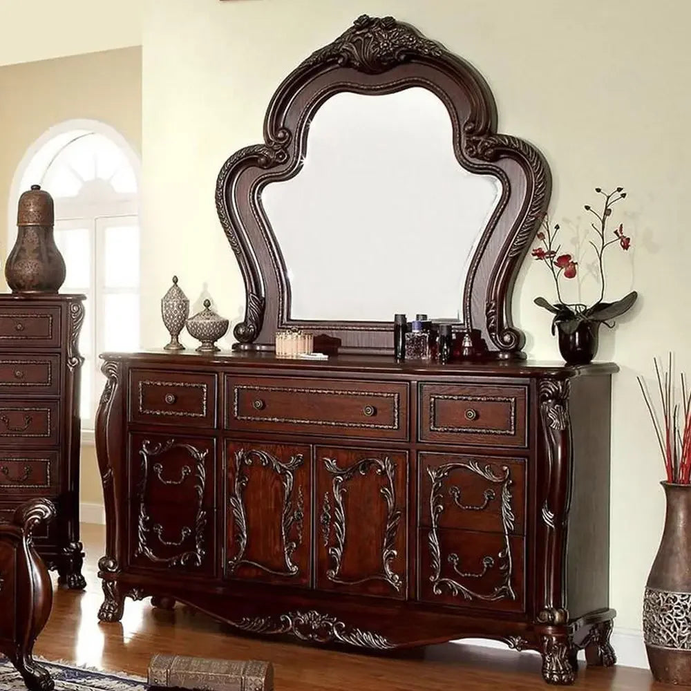 Victorian Dark Mahogany Wide Dresser with Ornate Carvings and 7 Drawers 2 Wood Door Acme Furniture