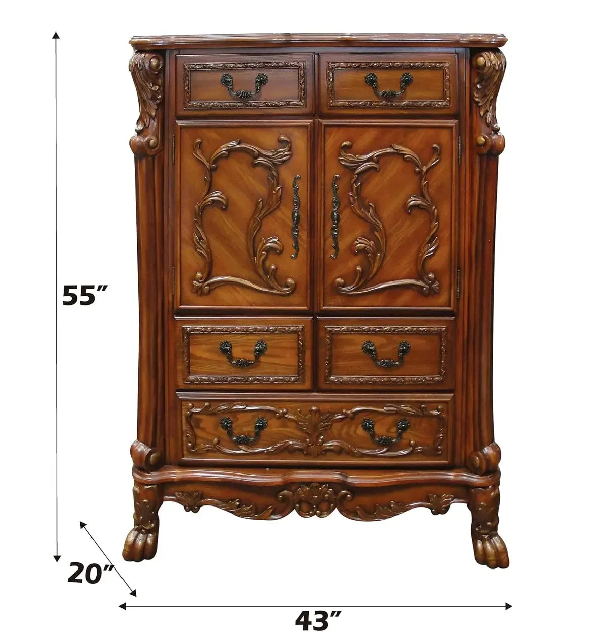 Victorian Dark Mahogany Clothes Chest Drawer Dresser with Ornate Carvings and Cabinet Acme Furniture
