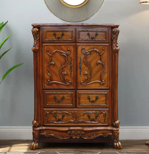 Victorian Dark Mahogany Clothes Chest Drawer Dresser with Ornate Carvings and Cabinet Acme Furniture