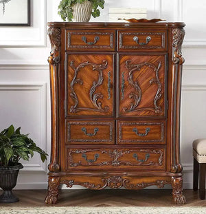 Victorian Dark Mahogany Clothes Chest Drawer Dresser with Ornate Carvings and Cabinet Acme Furniture