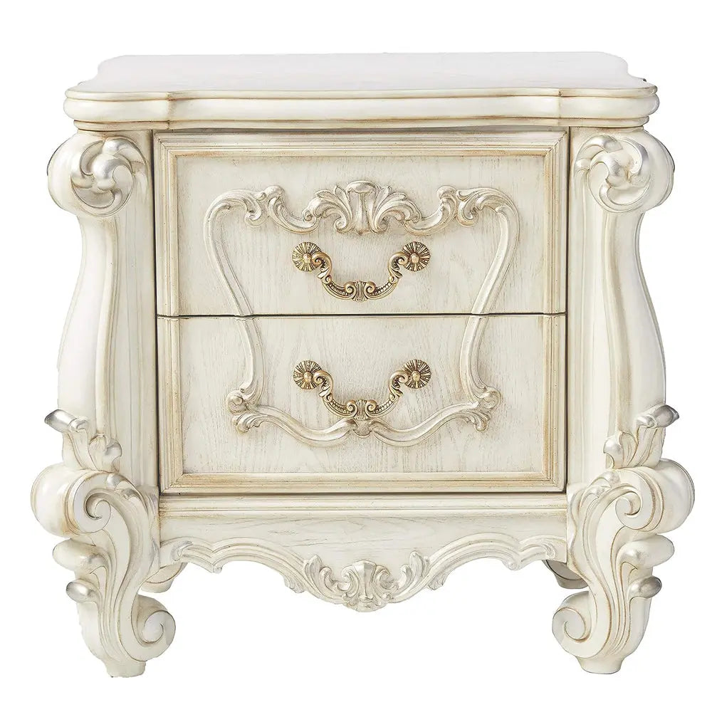 Baroque Bone White 2-Drawer Nightstand - Poplar & Aspen Wood with Scrolled Legs Acme Furniture