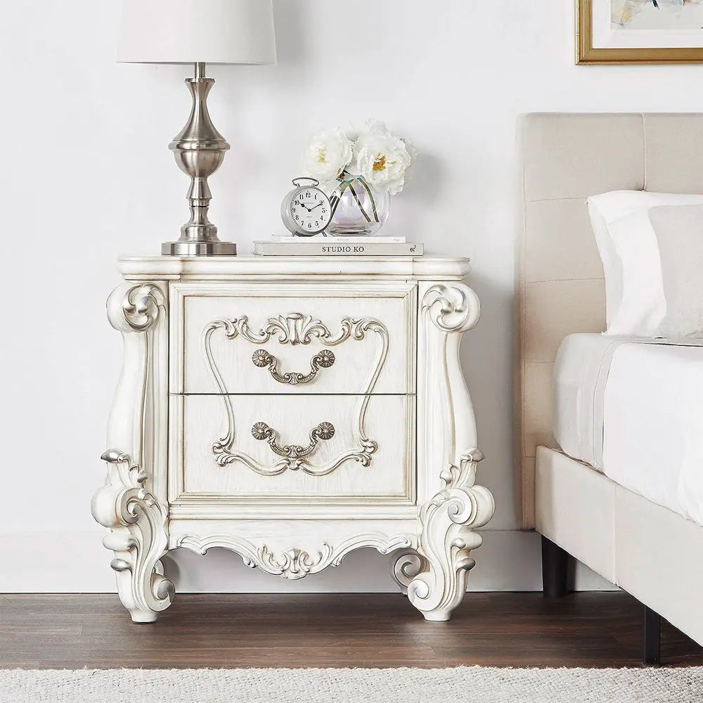 Baroque Bone White 2-Drawer Nightstand - Poplar & Aspen Wood with Scrolled Legs Acme Furniture