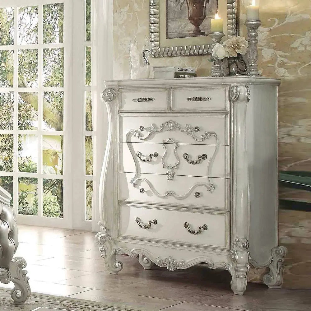 Baroque Bone White 5-Drawer Chest - Poplar & Aspen Wood with Scrolled Legs Acme Furniture