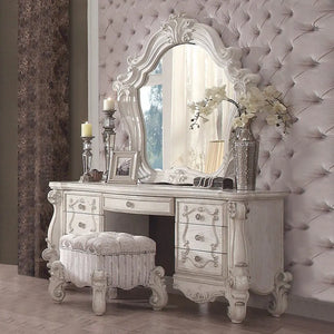 Baroque Bone White Vanity Set with Mirror and Stool - Poplar & Aspen Wood with Scrolled Legs Acme Furniture