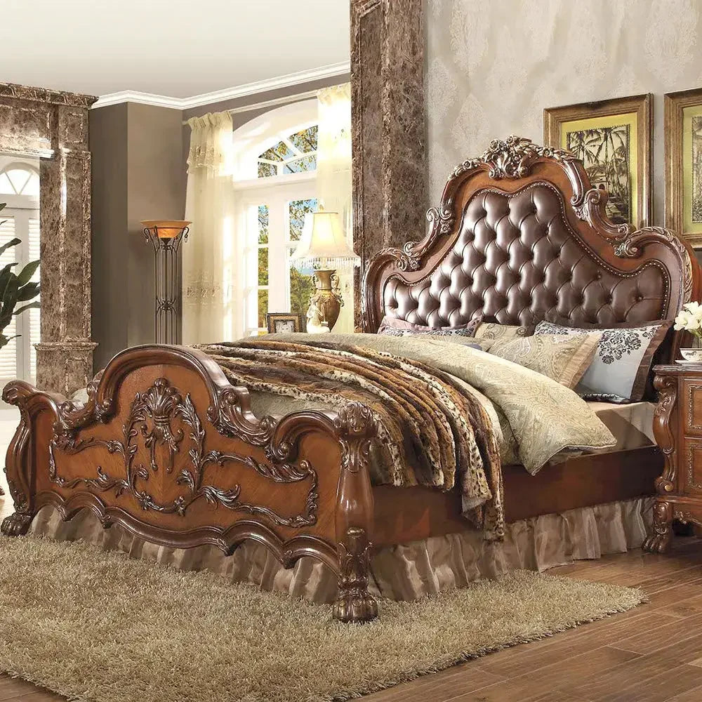 Victorian Dark Mahogany Panel Bed with Tufted Leather Headboard - King Size Acme Furniture