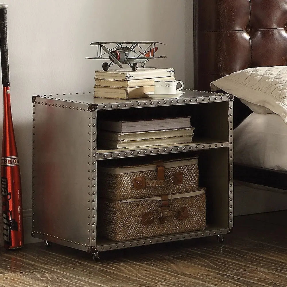 Brancaster Aluminum Nightstand with USB Dock - Vintage Industrial Bedroom Side Table with Storage Acme Furniture