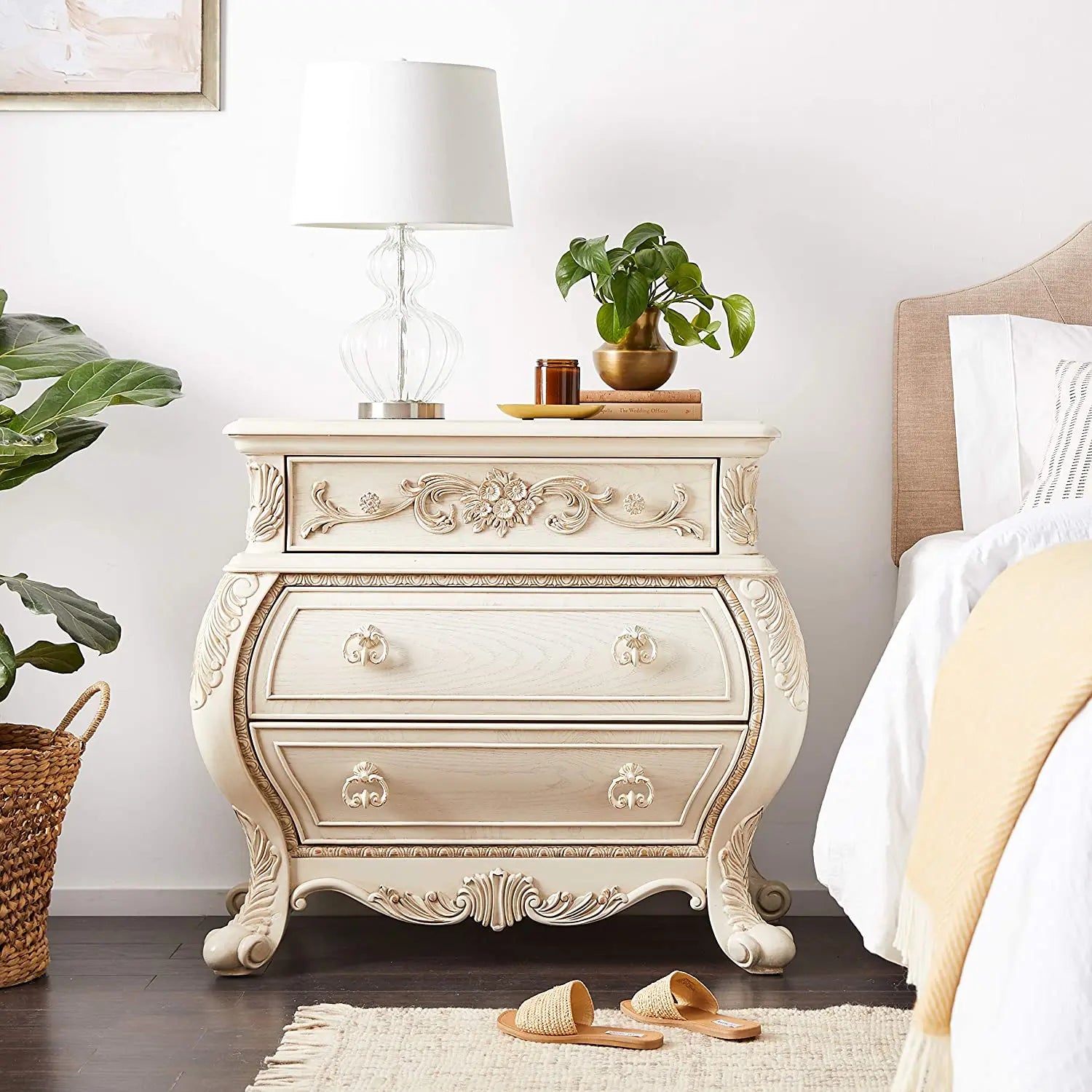 Antique White French Rococo Nightstand with Ornate Carvings and 3 Drawers Acme Furniture