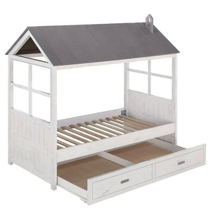 Tree House Wooden Frame Twin Bed in Weathered White and Washed Gray - Playful Design with Trundle Acme Furniture