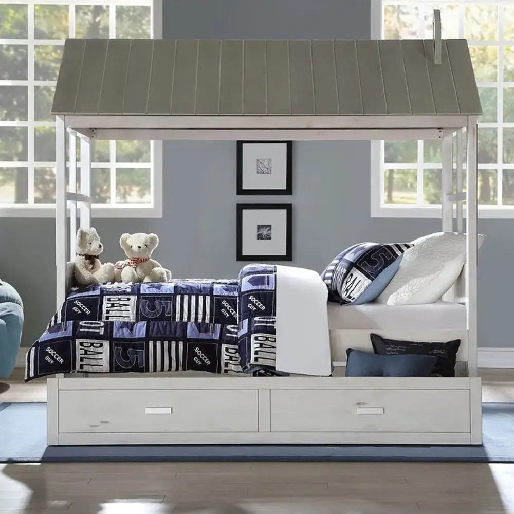 Tree House Wooden Frame Twin Bed in Weathered White and Washed Gray - Playful Design with Trundle Acme Furniture