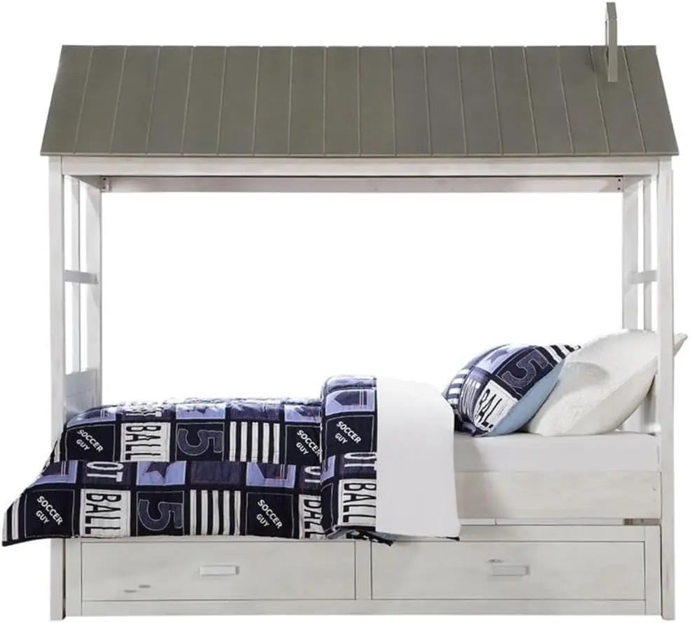 Tree House Wooden Frame Twin Bed in Weathered White and Washed Gray - Playful Design with Trundle Acme Furniture