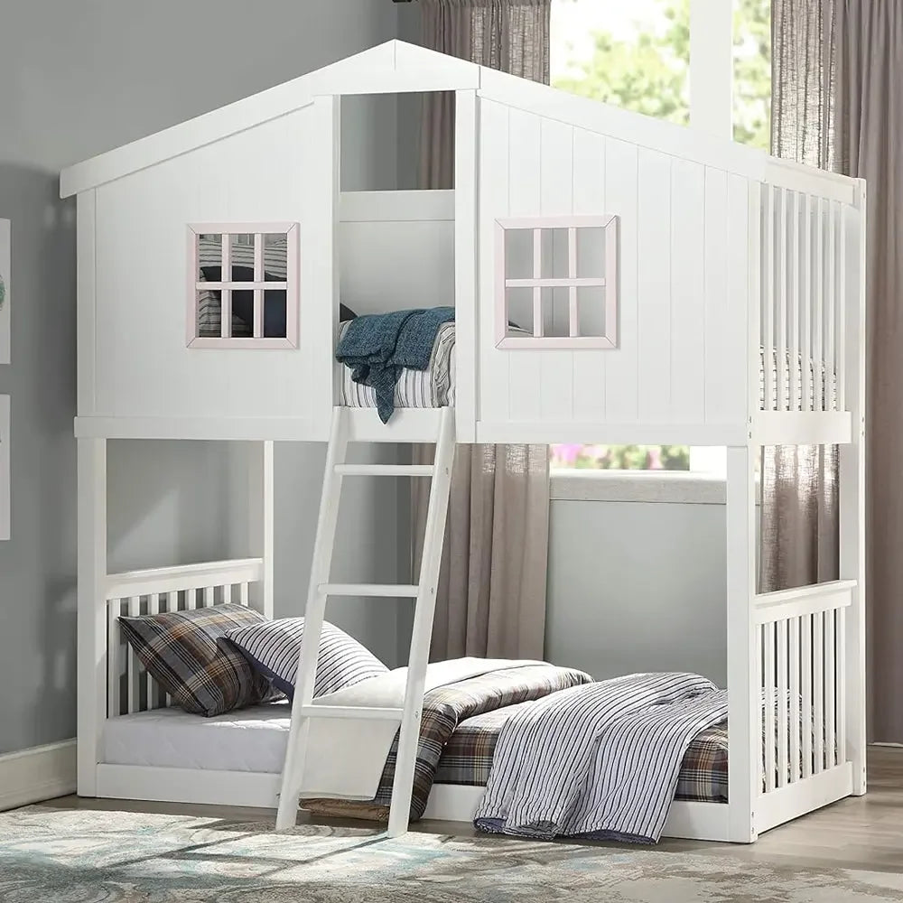 Rohan Cottage Twin Over Twin Bunk Bed in White & Pink - Cozy House Design for Kids Acme Furniture