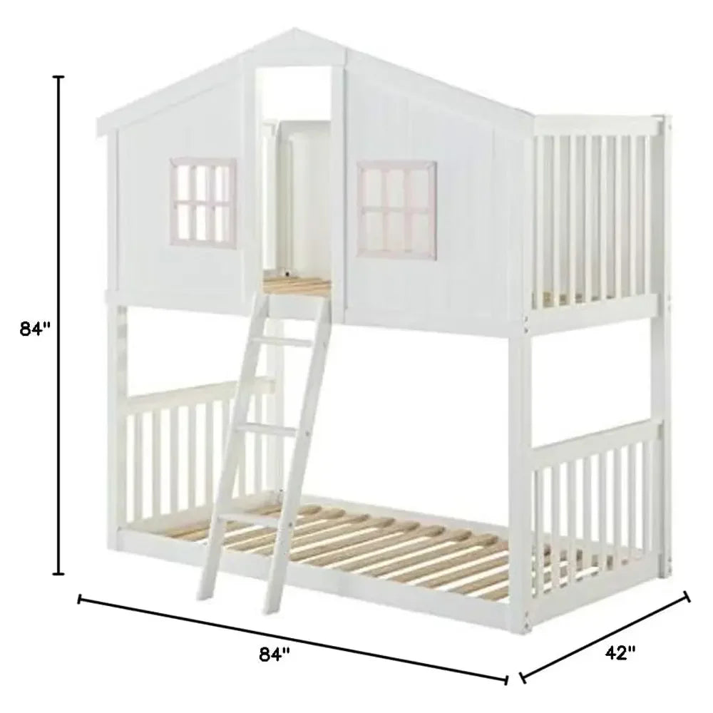 Rohan Cottage Twin Over Twin Bunk Bed in White & Pink - Cozy House Design for Kids Acme Furniture