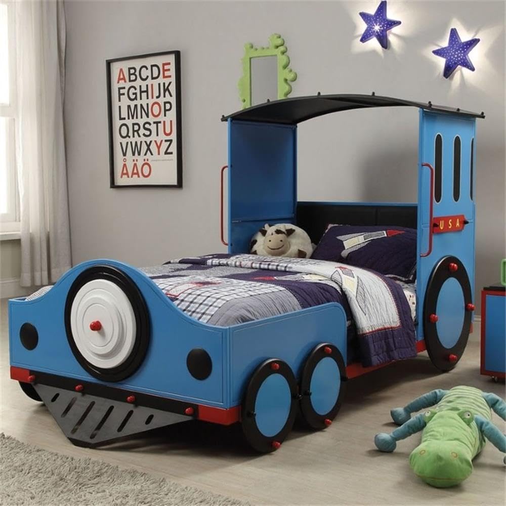 Tobi Train Twin Bed with Metal Frame in Blue and Red and Black