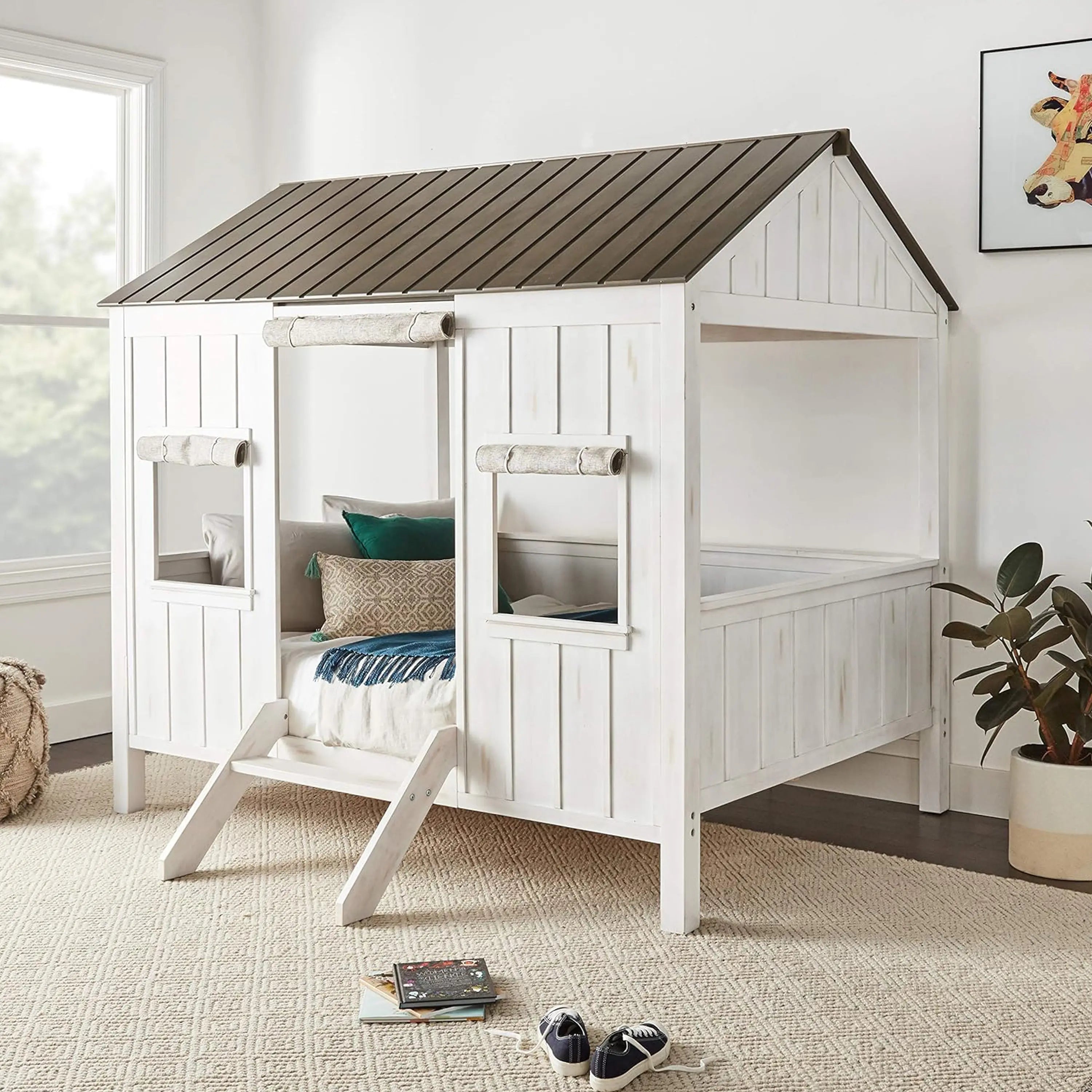 Kid's Full-Size Spring Cottage House Bed with Slat System - White & Pink, No Box Spring Required Acme Furniture