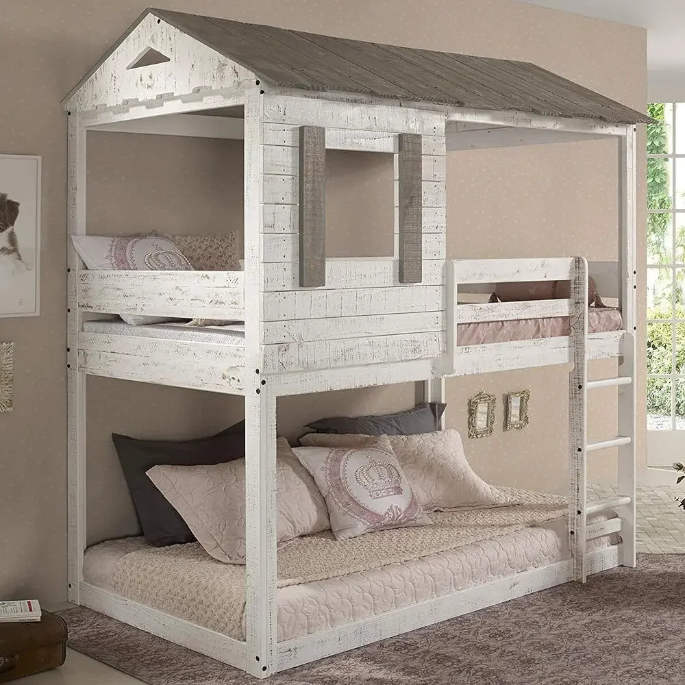 Darlene Farmhouse Wood Twin Over Twin Bunk Bed in Rustic White Acme Furniture