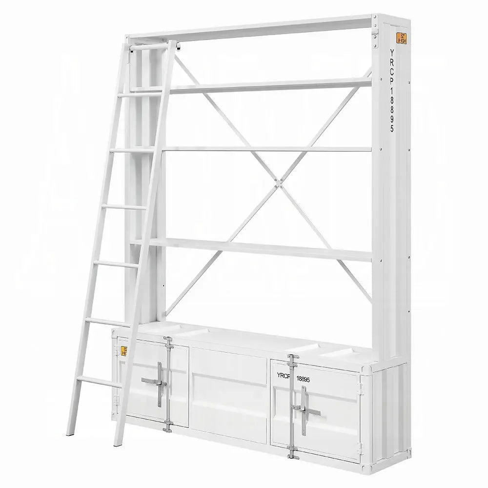 Industrial Cargo Bookshelf with Removable Ladder & TV Stand Base – White Container Style Storage Acme Furniture