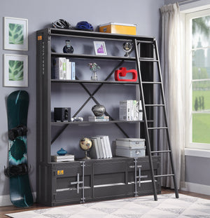 Industrial Cargo Bookshelf with Removable Ladder & TV Stand Base – Gunmetal Container Style Storage Acme Furniture