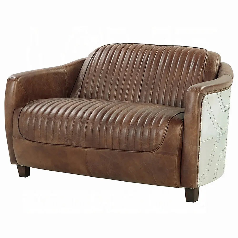 Brancaster Retro Brown Leather Aviator Loveseat - Modern Vintage 2-Seater Sofa for Living Room Acme Furniture