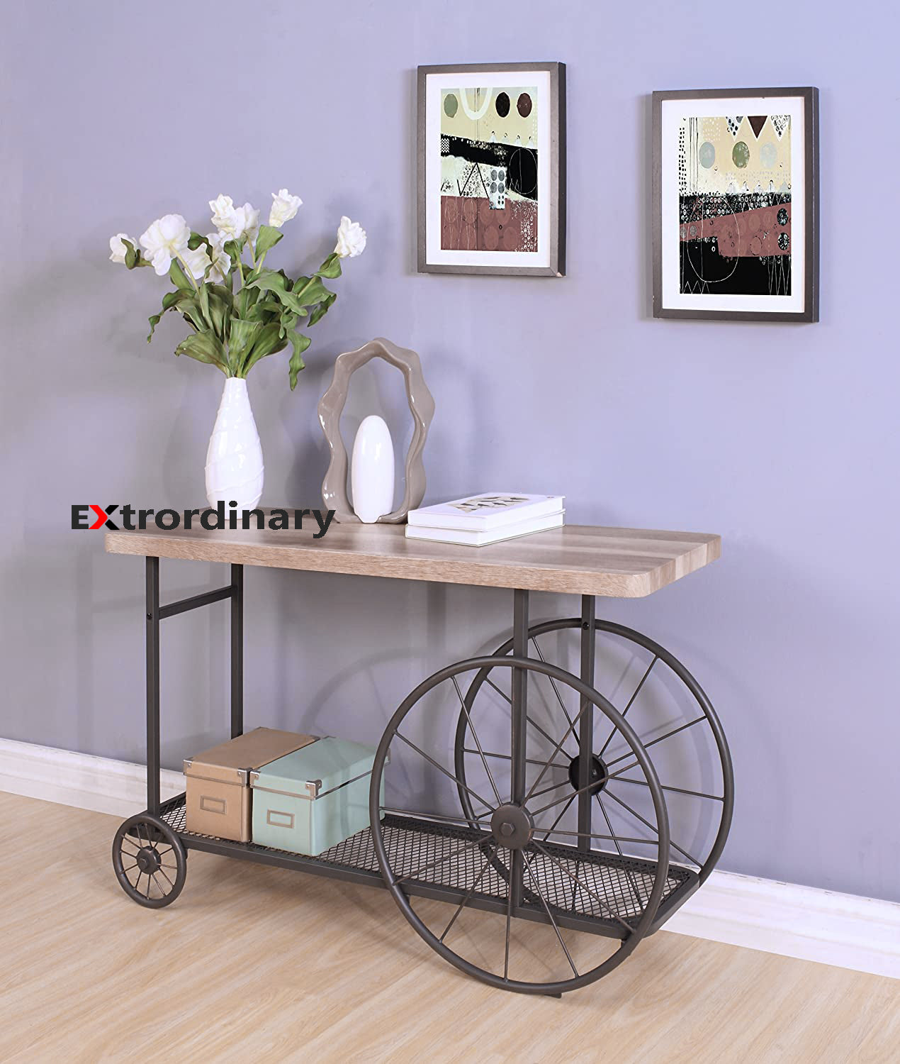 Rectangular Wooden Console Table with Shelf in Oak and Antique Gray