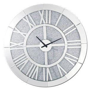 Noralie 31" Round Wall Clock with Mirrored Roman Numerals and Faux Diamond Inlay, Glamorous Mirrored Finish Acme Furniture