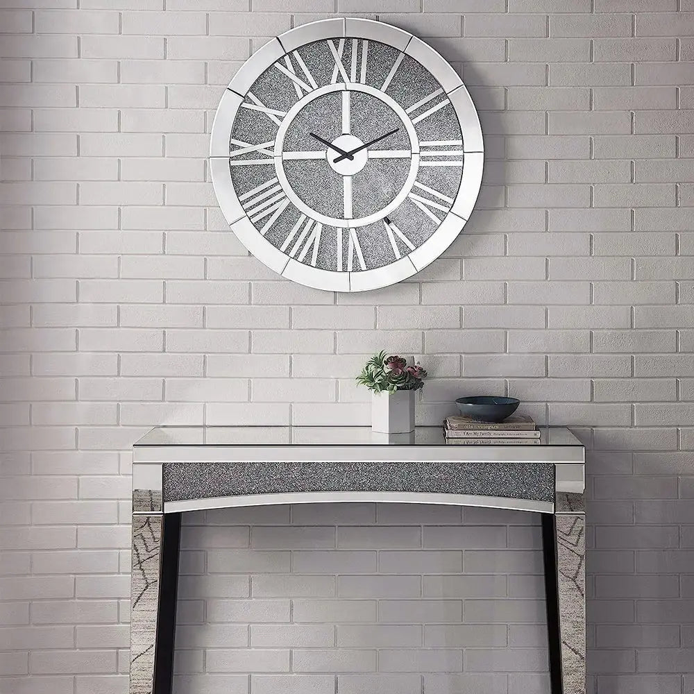 Noralie 31" Round Wall Clock with Mirrored Roman Numerals and Faux Diamond Inlay, Glamorous Mirrored Finish Acme Furniture