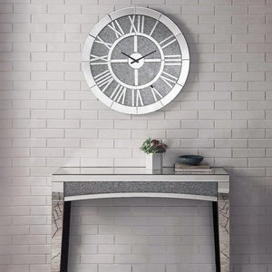Noralie 31" Round Wall Clock with Mirrored Roman Numerals and Faux Diamond Inlay, Glamorous Mirrored Finish Acme Furniture