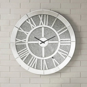 Noralie 31" Round Wall Clock with Mirrored Roman Numerals and Faux Diamond Inlay, Glamorous Mirrored Finish Acme Furniture