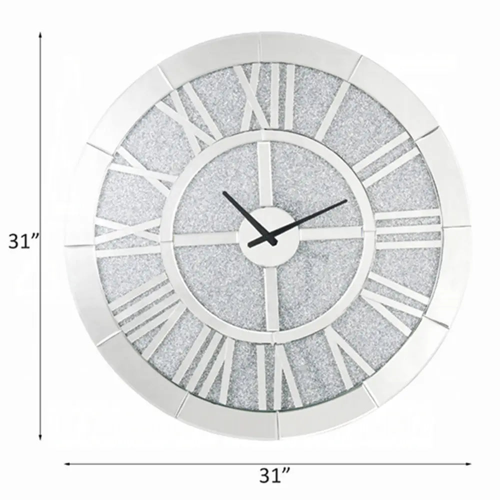 Noralie 31" Round Wall Clock with Mirrored Roman Numerals and Faux Diamond Inlay, Glamorous Mirrored Finish Acme Furniture
