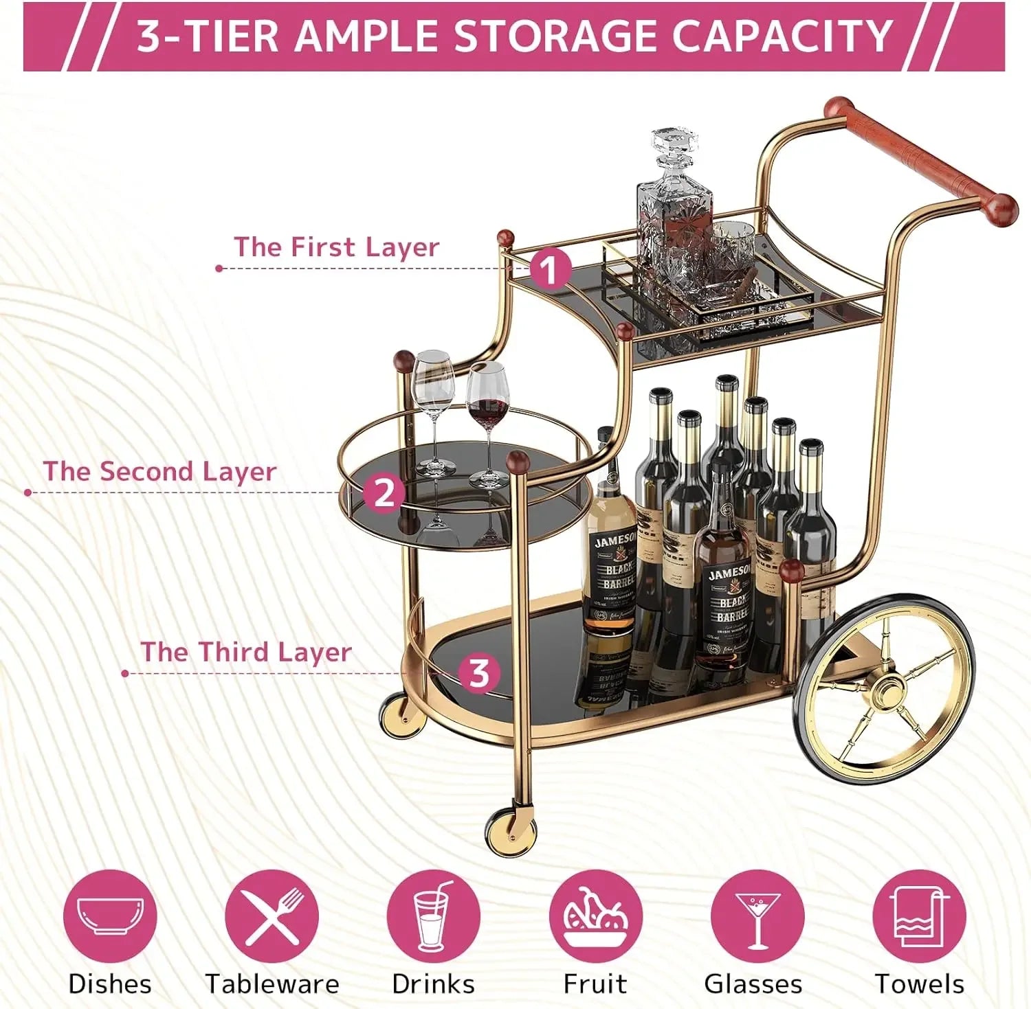 Gold Bar Cart with Wheels 3-Tier Metal Serving Cart with Tempered Glass Shelves for Home, Kitchen, or Living Room Acme Furniture