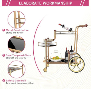 Gold Bar Cart with Wheels 3-Tier Metal Serving Cart with Tempered Glass Shelves for Home, Kitchen, or Living Room Acme Furniture