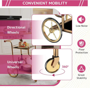 Gold Bar Cart with Wheels 3-Tier Metal Serving Cart with Tempered Glass Shelves for Home, Kitchen, or Living Room Acme Furniture