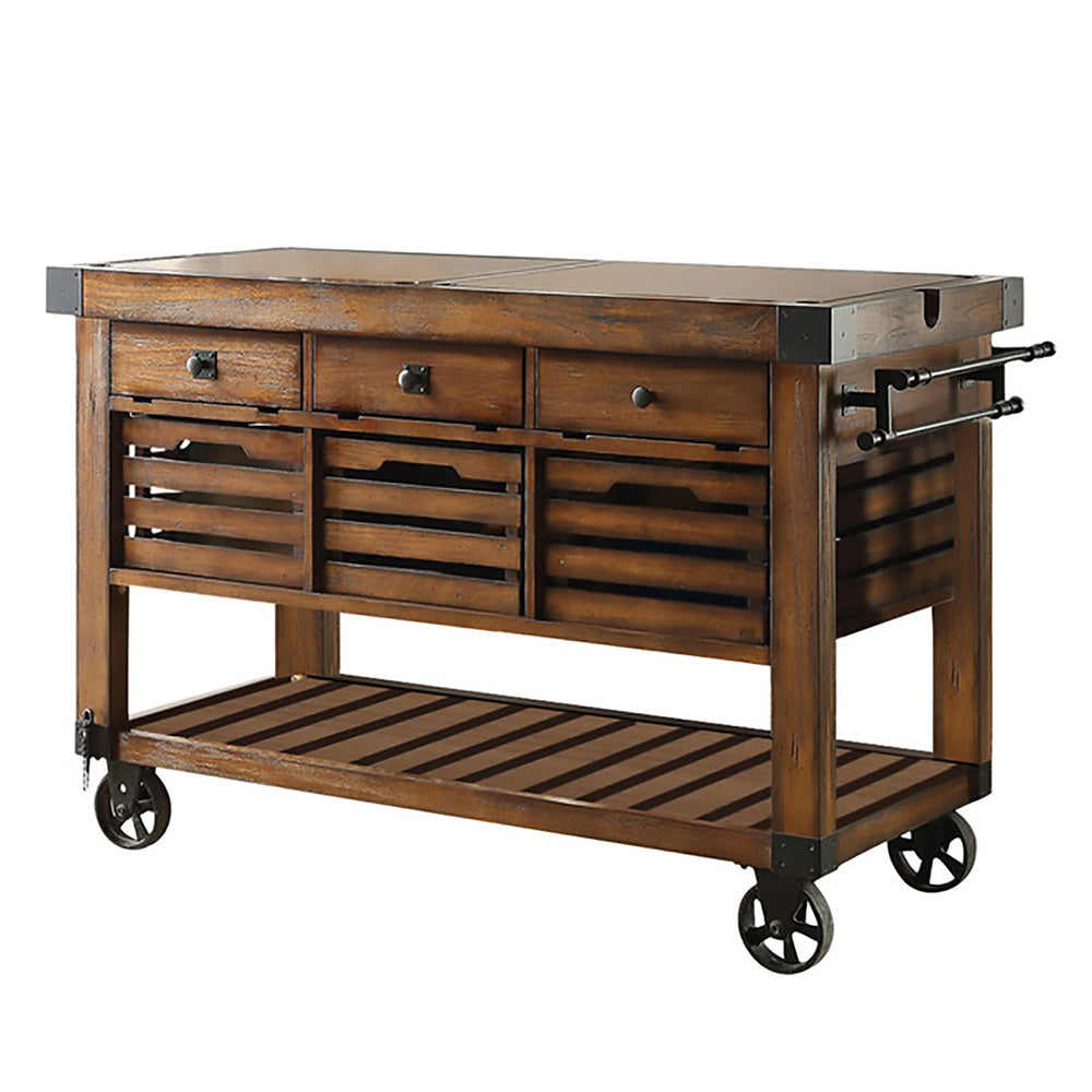 Kaif 3-Drawer Wooden Kitchen Cart with 3 Baskets in Distress Chestnut