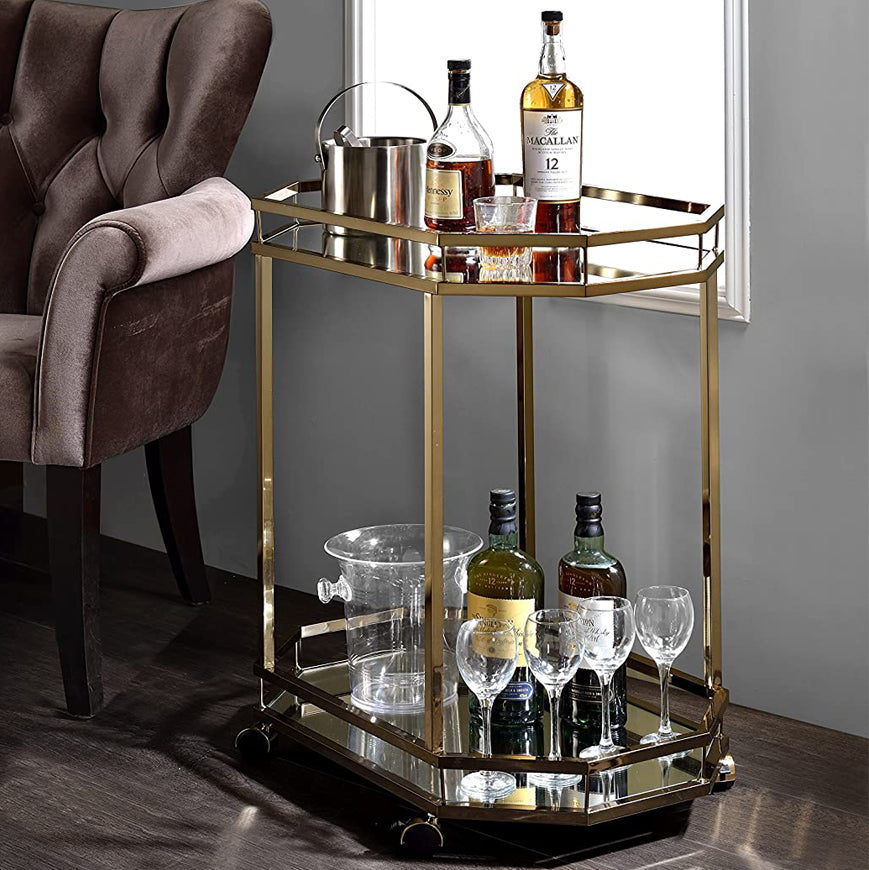 Lacole Metal Frame Serving Cart with Bottom Shelf in Gold and Mirrored