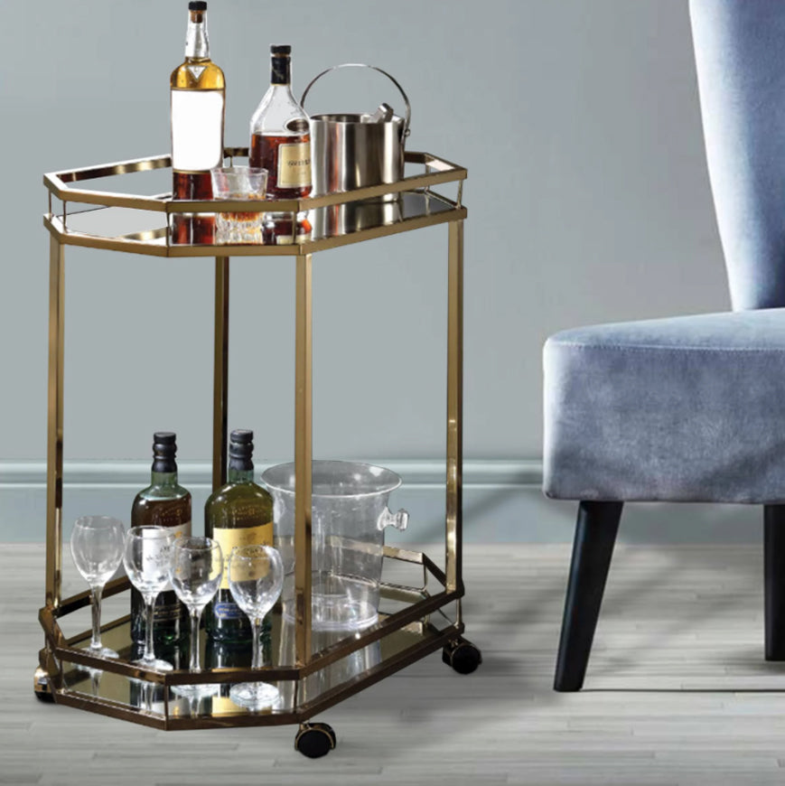 Lacole Metal Frame Serving Cart with Bottom Shelf in Gold and Mirrored
