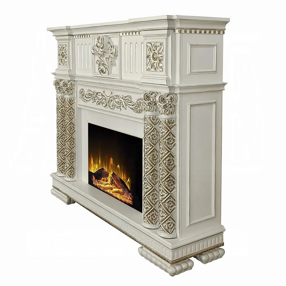 Baroque Bone White Electric Fireplace - 59" with Remote Control and Realistic Flames Acme Furniture