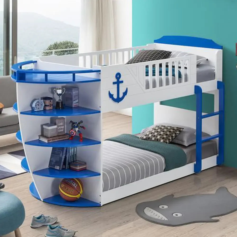 Neptune Wooden Twin Over Twin Bunk Bed with Storage Shelves in Sky Blue - Boat-Shaped Acme Furniture