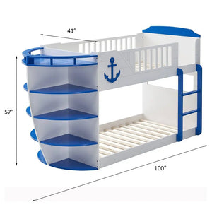 Neptune Wooden Twin Over Twin Bunk Bed with Storage Shelves in Sky Blue - Boat-Shaped Acme Furniture