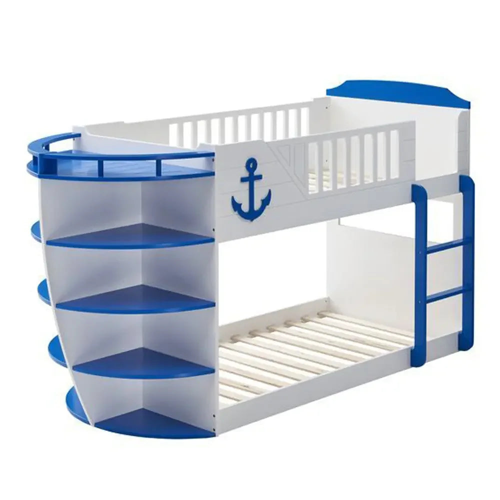 Neptune Wooden Twin Over Twin Bunk Bed with Storage Shelves in Sky Blue - Boat-Shaped Acme Furniture
