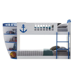 Neptune Wooden Twin Over Twin Bunk Bed with Storage Shelves in Sky Blue - Boat-Shaped Acme Furniture