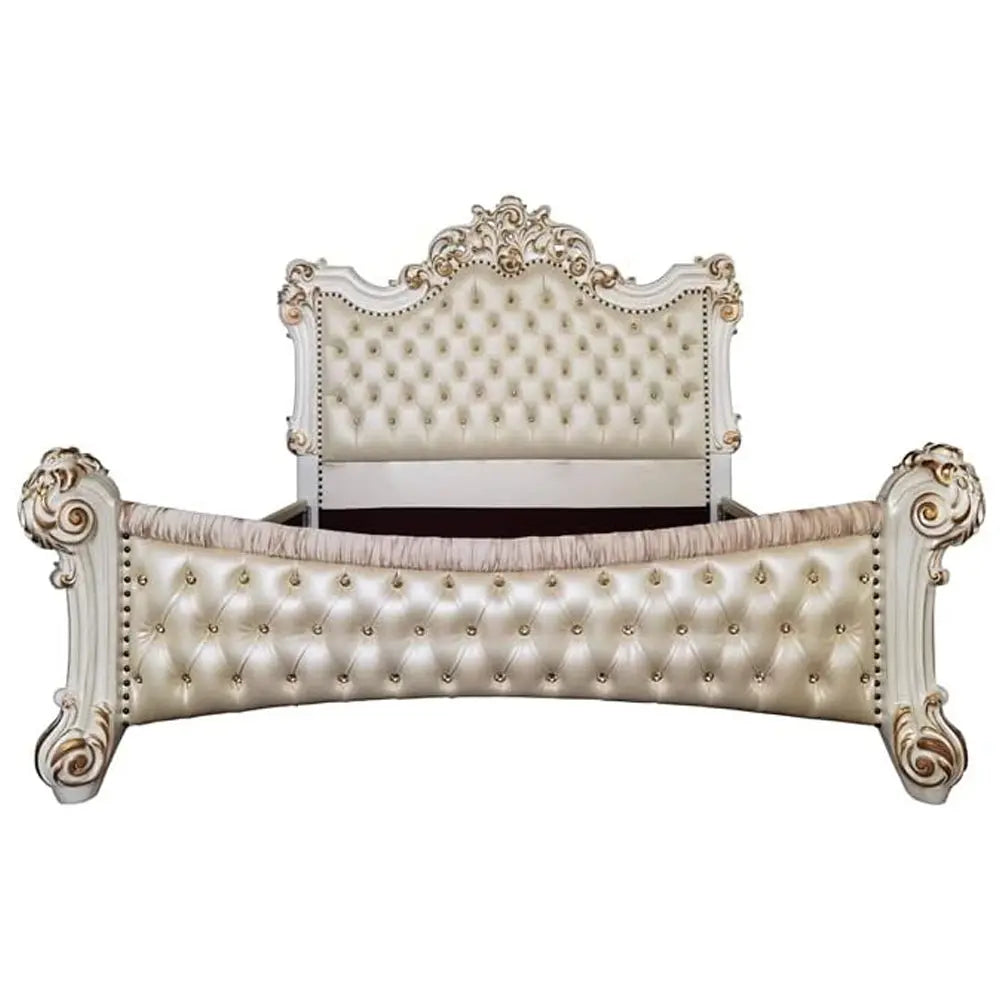 Baroque Bone White King Bed - Tufted Synthetic Leather with Scrolled Legs Acme Furniture