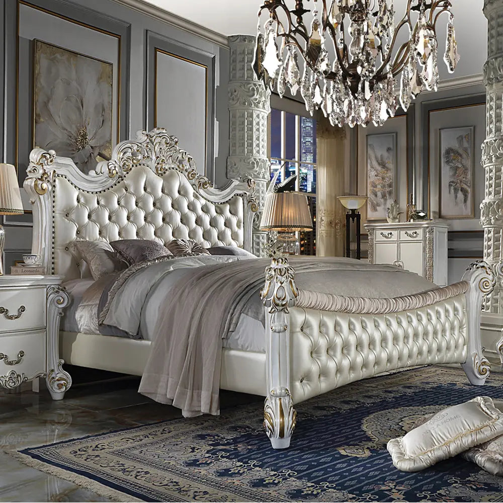 Baroque Bone White King Bed - Tufted Synthetic Leather with Scrolled Legs Acme Furniture