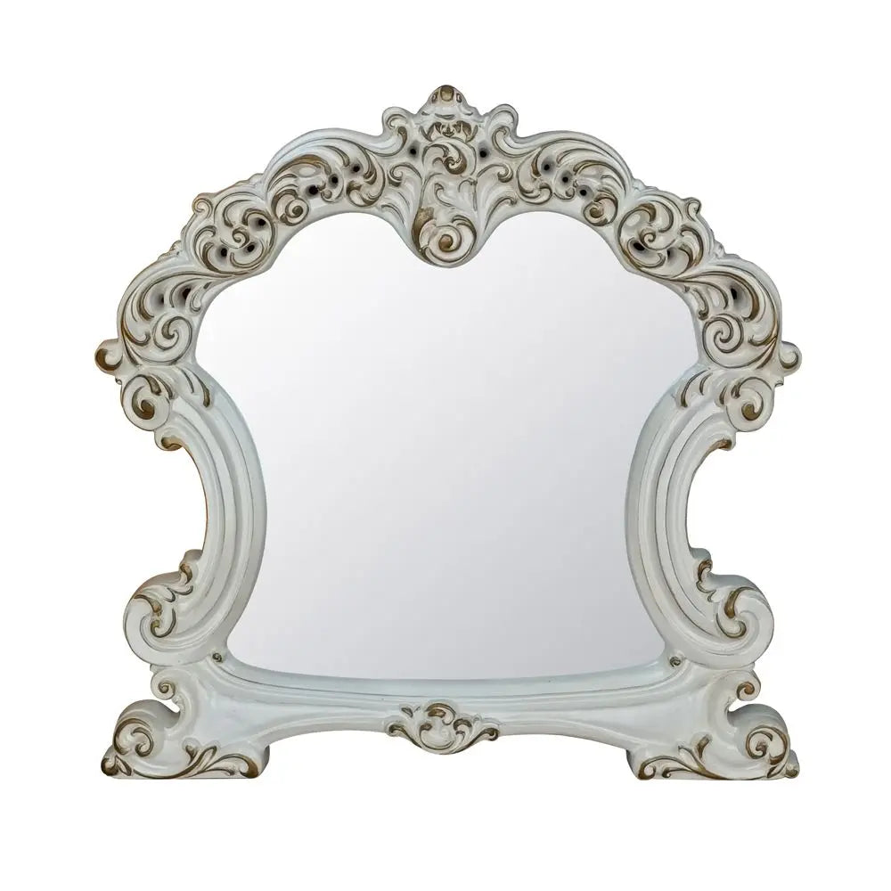 Baroque Bone White Arched Mirror - 47" with Scrolled Molding Trim Acme Furniture