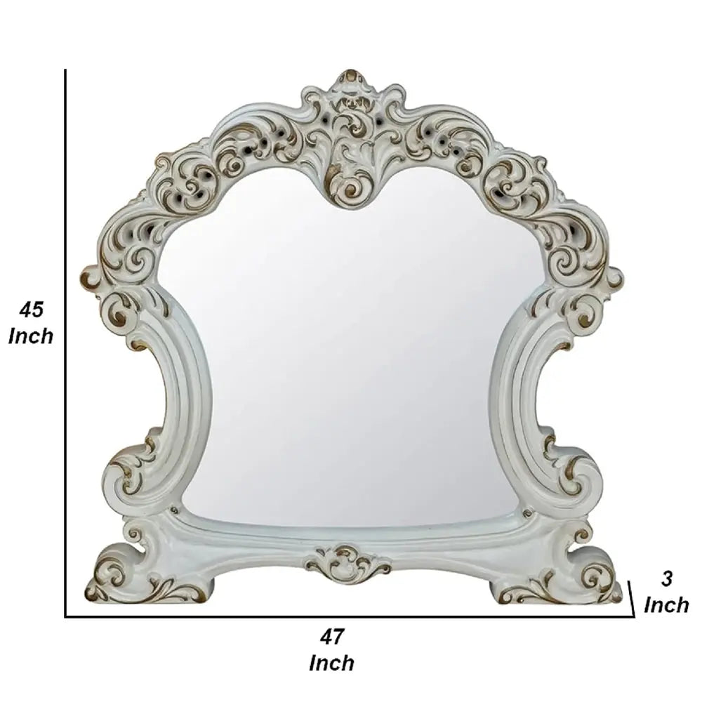 Baroque Bone White Arched Mirror - 47" with Scrolled Molding Trim Acme Furniture