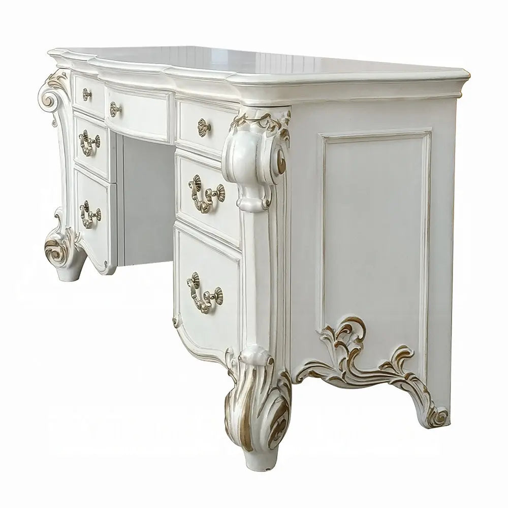 Baroque Bone White Vanity Desk - 65" with Scrolled Legs and Storage Drawers Acme Furniture