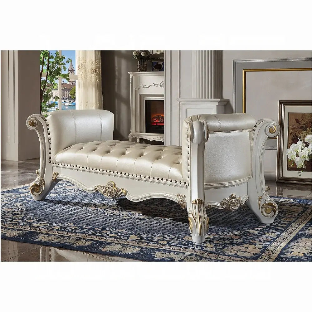 Baroque White Tufted Bench - 74" with Scrolled Legs and Nailhead Trim Acme Furniture