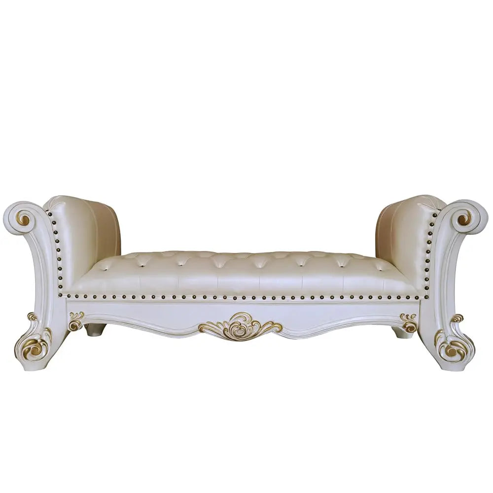 Baroque White Tufted Bench - 74" with Scrolled Legs and Nailhead Trim Acme Furniture