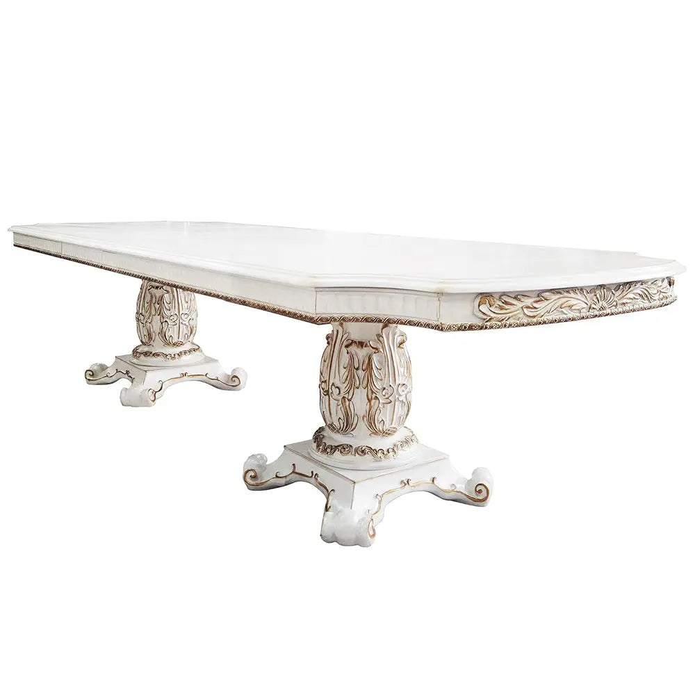 Baroque Bone White Double Pedestal Dining Table - 136" with Extension Leaves Acme Furniture