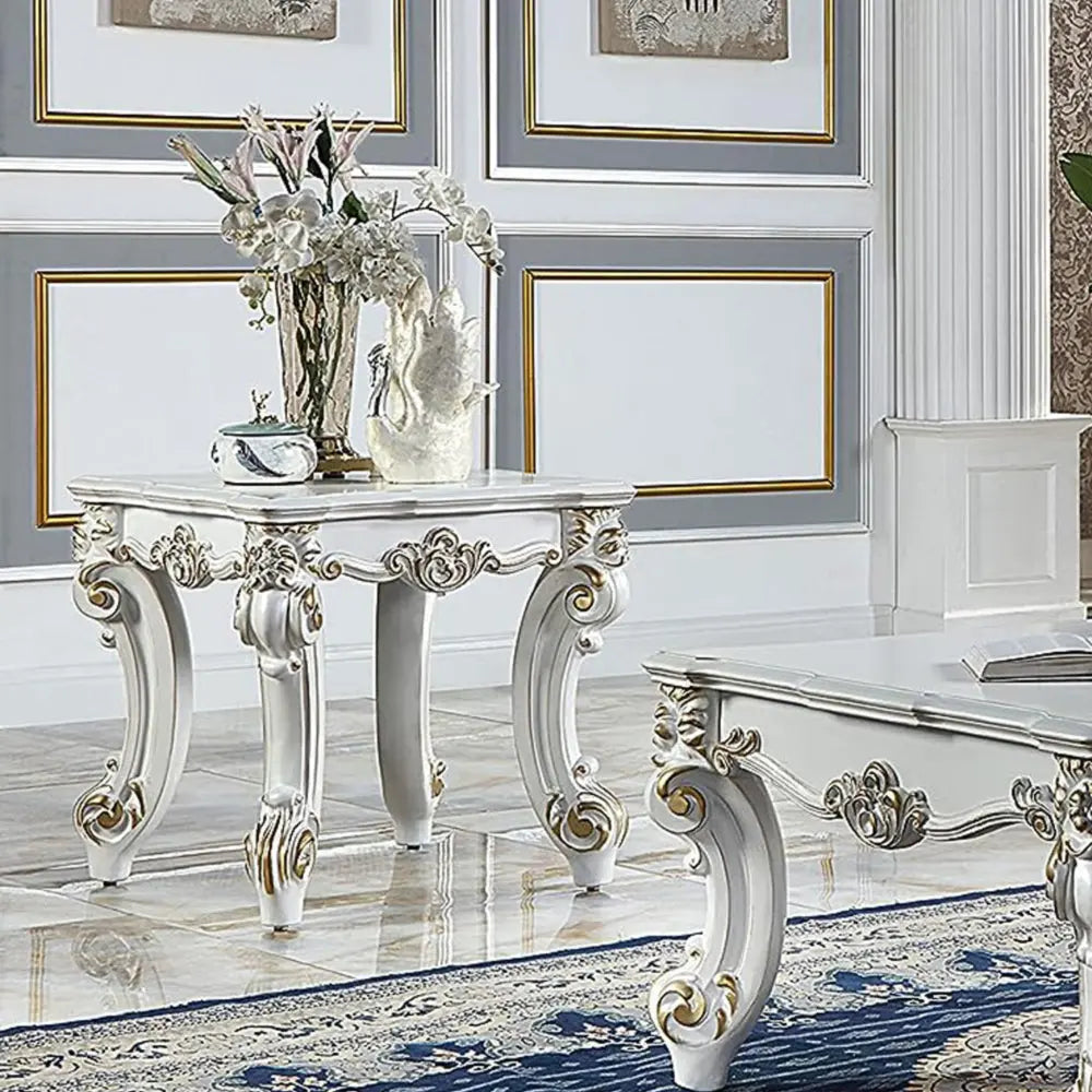 Baroque Bone White Side Table - Square with Scrolled Legs and Decor Trim Acme Furniture