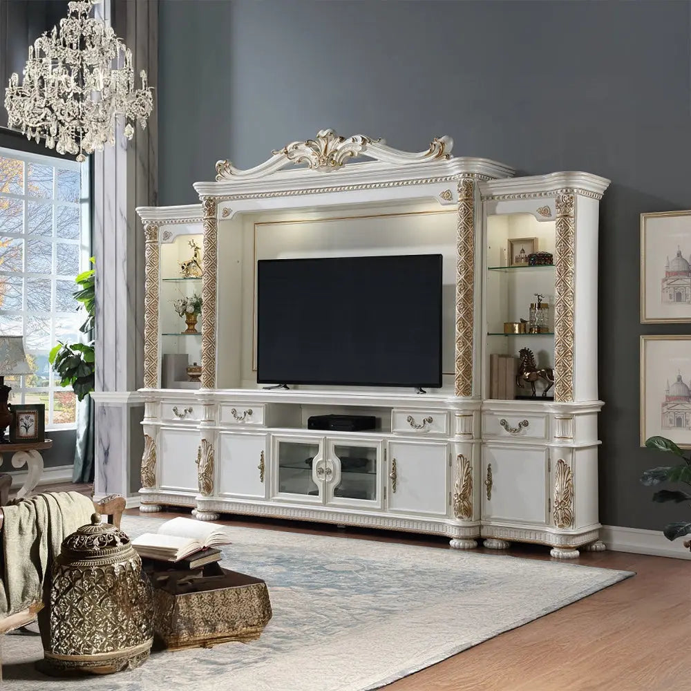 Baroque Bone White Entertainment Center - 131" with Side Piers and Touch Light Acme Furniture