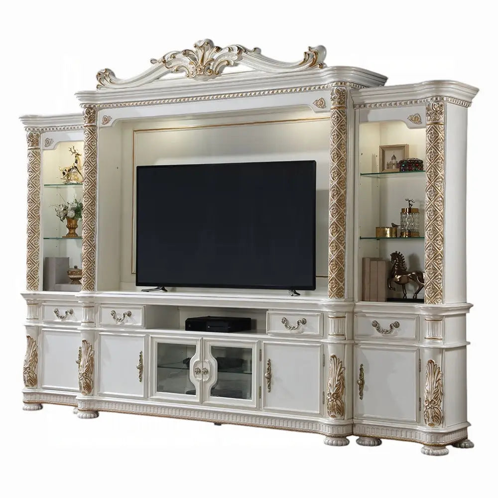 Baroque Bone White Entertainment Center - 131" with Side Piers and Touch Light Acme Furniture